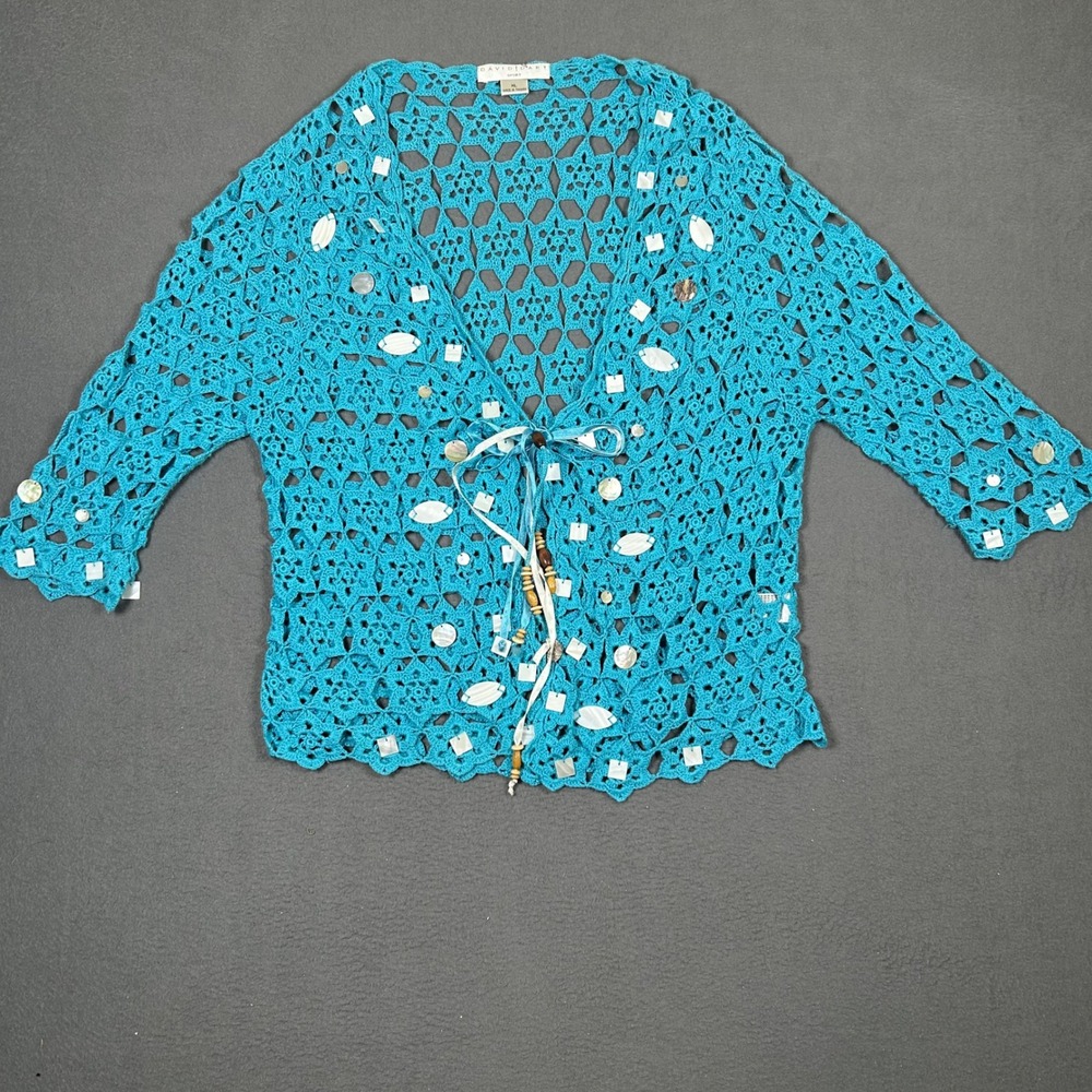 David Dart Sport Cardigan Women XL Turquoise Crochet Shell Accent Boho Tie Front